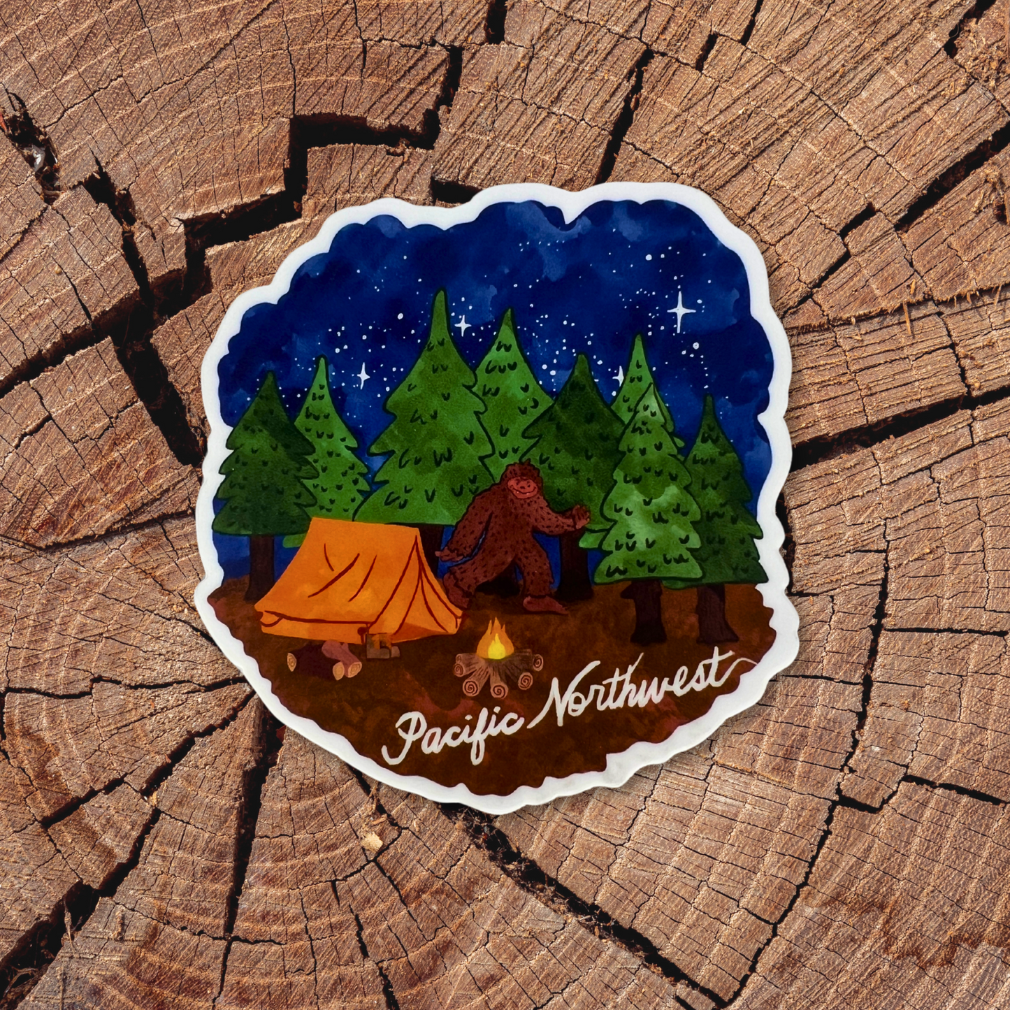 Camping with Bigfoot PNW Sticker- Durable Vinyl Sasquatch Art