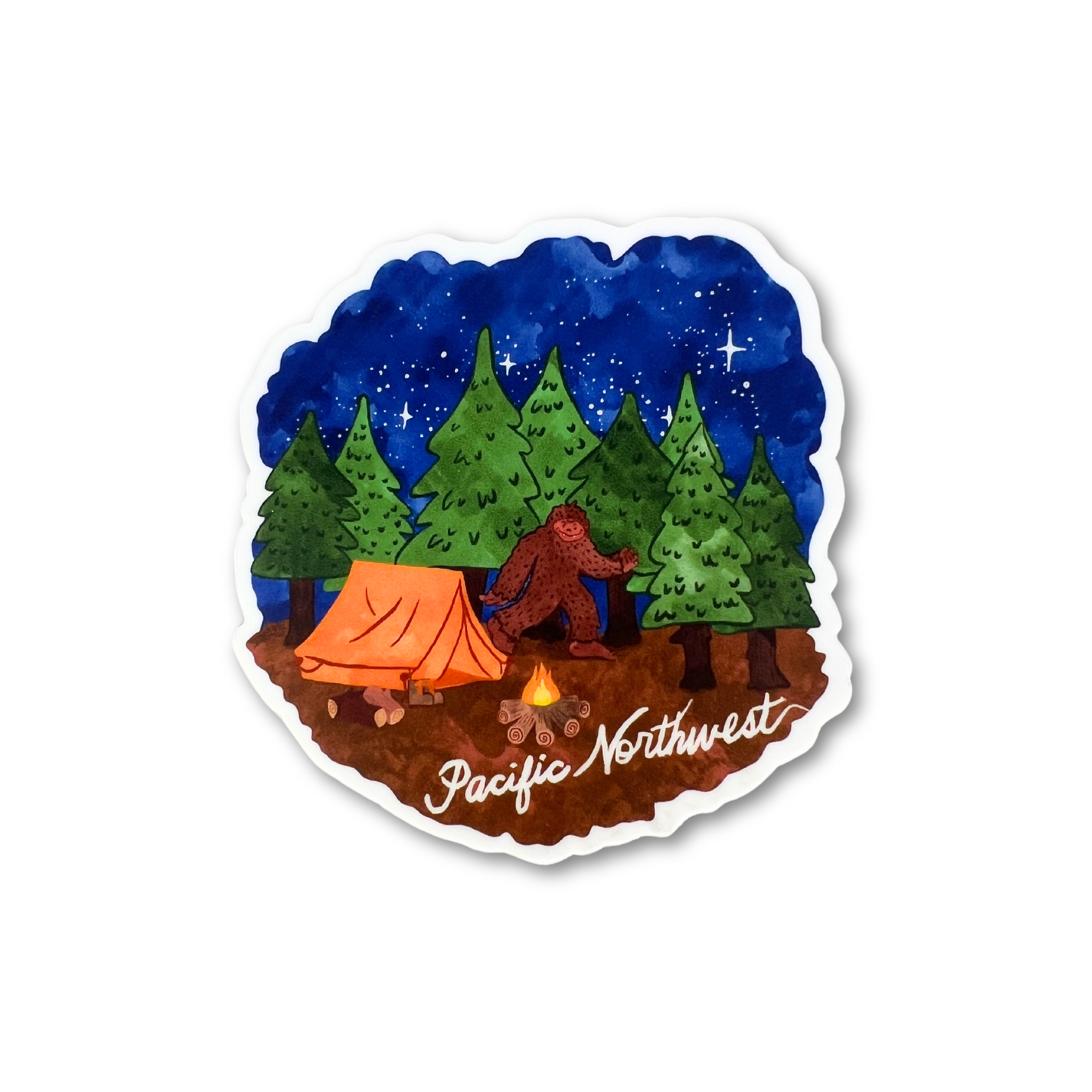 Camping with Bigfoot PNW Sticker- Durable Vinyl Sasquatch Art