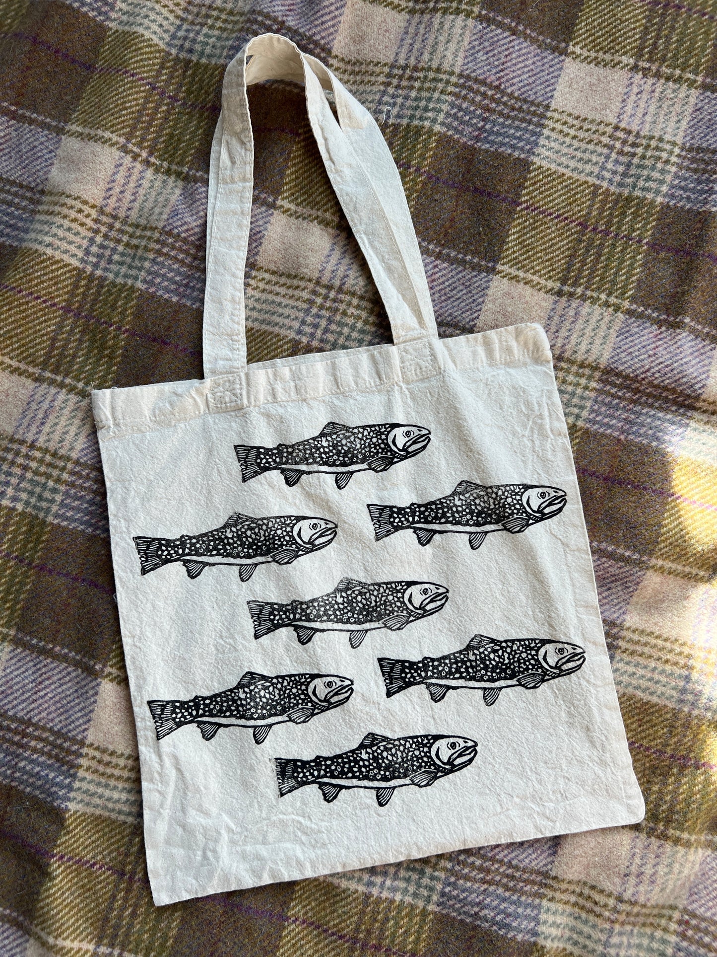 Hand-Stamped Brook Trout Pattern Tote – Lightweight Cotton Canvas- Limited Edition |#3