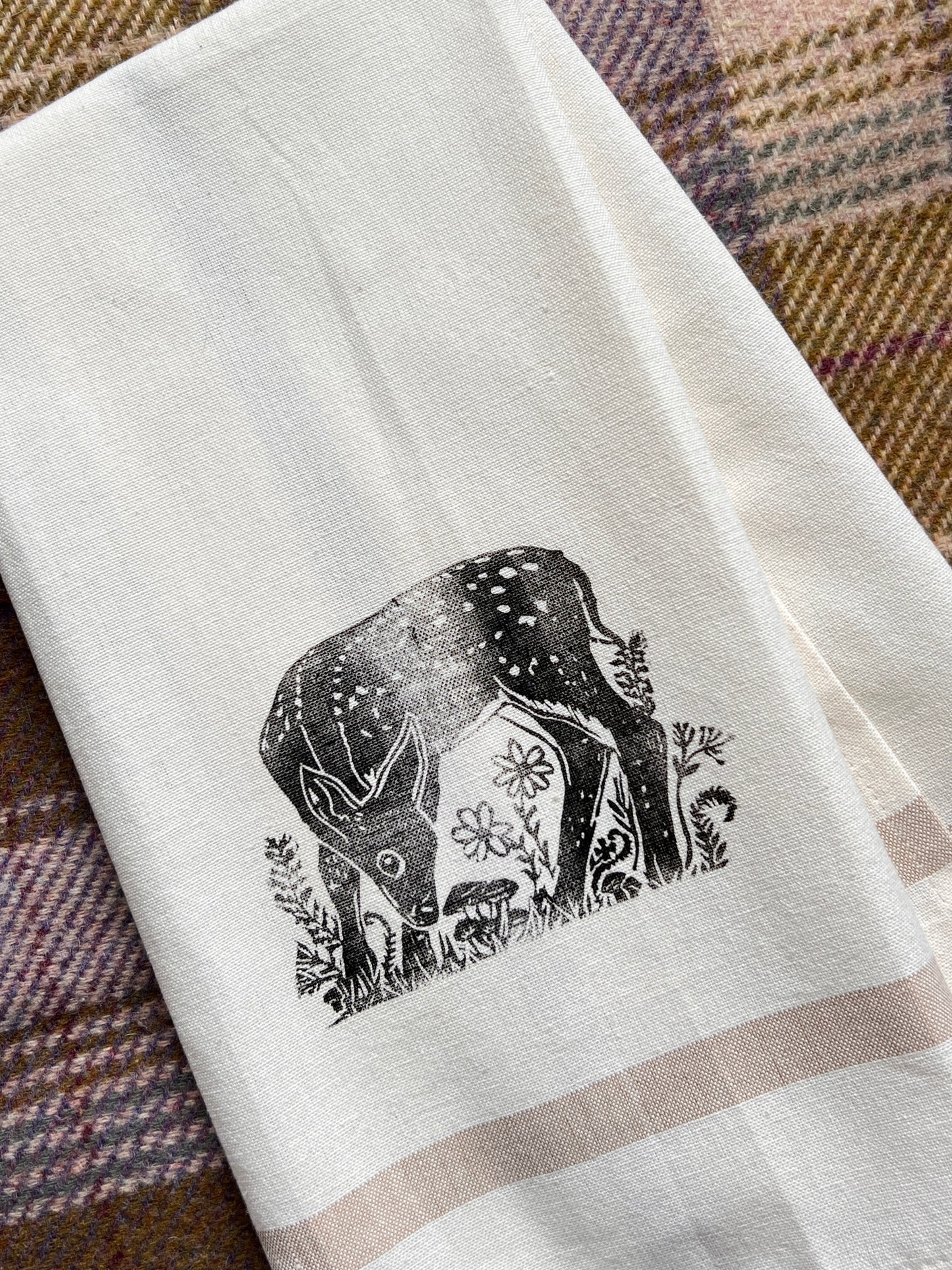 Hand-Stamped Fawn Tea Towel – Limited Edition, 100% Cotton Kitchen Towel | #3