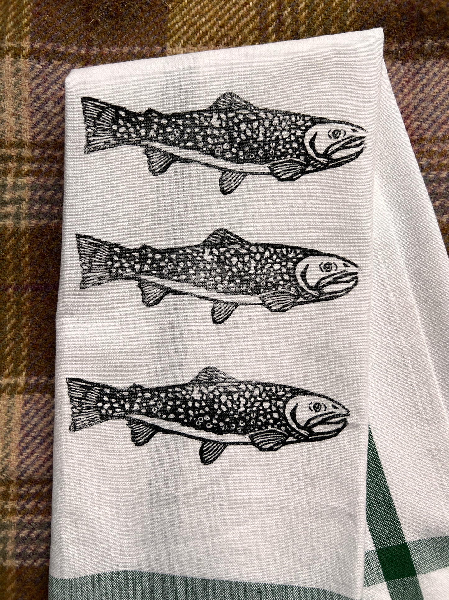 Hand-Stamped Brook Trout Tea Towel – Limited Edition, 100% Cotton Kitchen Towel | #003