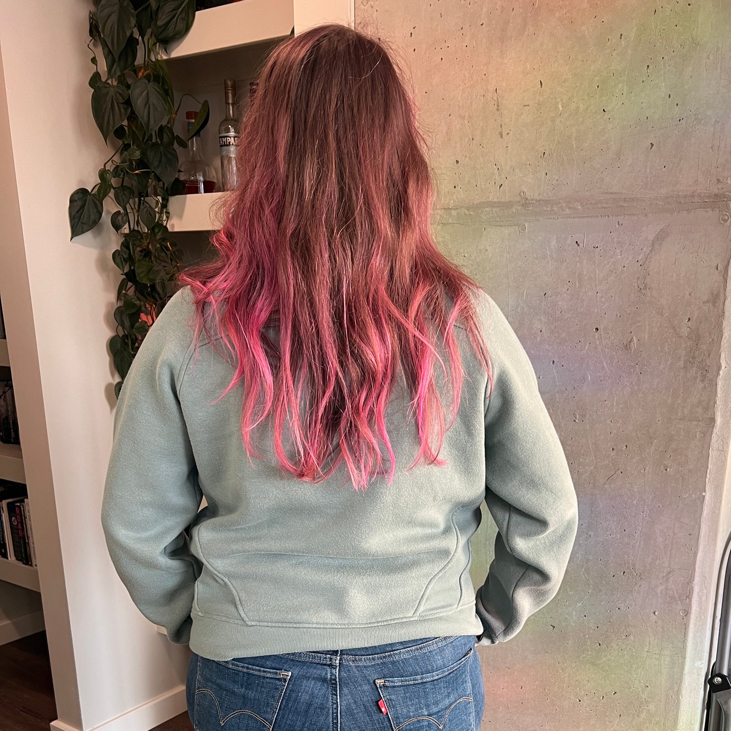 Upcycled Muted Teal Quarter Zip Sweatshirt– Hand Printed Mushrooms – Size Large – Unique Thrifted Clothing