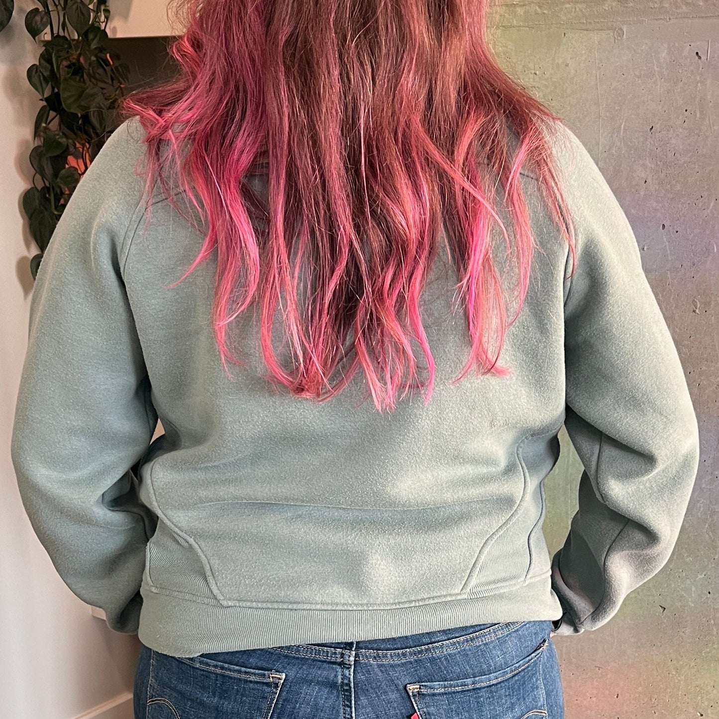 Upcycled Muted Teal Quarter Zip Sweatshirt– Hand Printed Mushrooms – Size Large – Unique Thrifted Clothing