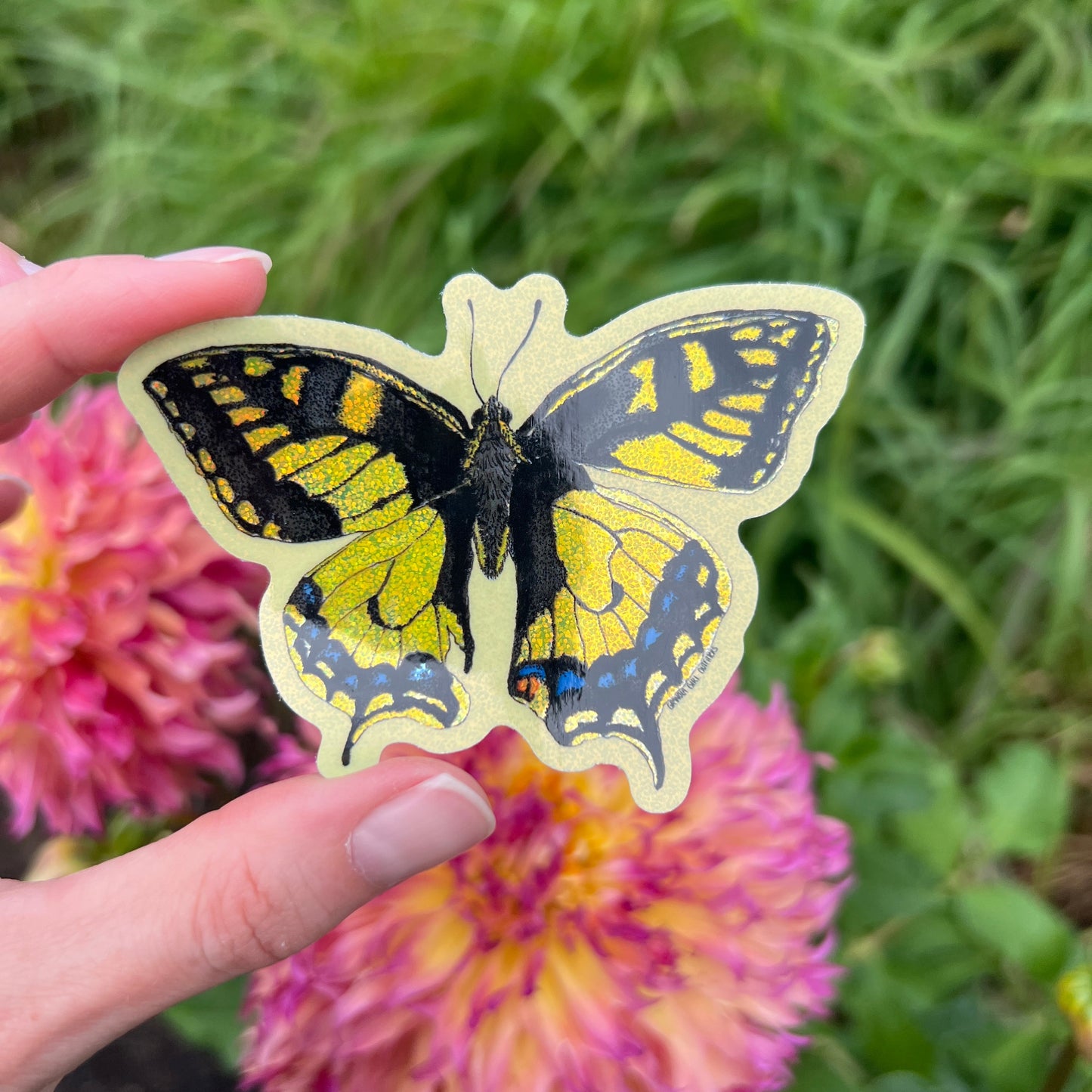Butterfly-shaped sticker held in front of pink flowers