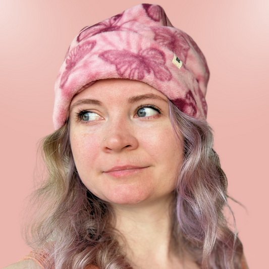 Handmade Pink Butterfly Beanie – Soft Warm Fleece Winter Hat