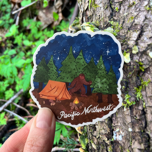 Camping with Bigfoot PNW Sticker- Durable Vinyl Sasquatch Art