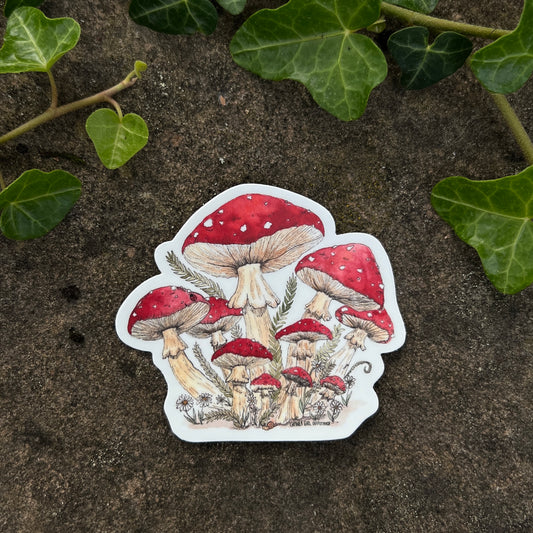 Red Mushroom Cluster Sticker - Watercolor Nature Art