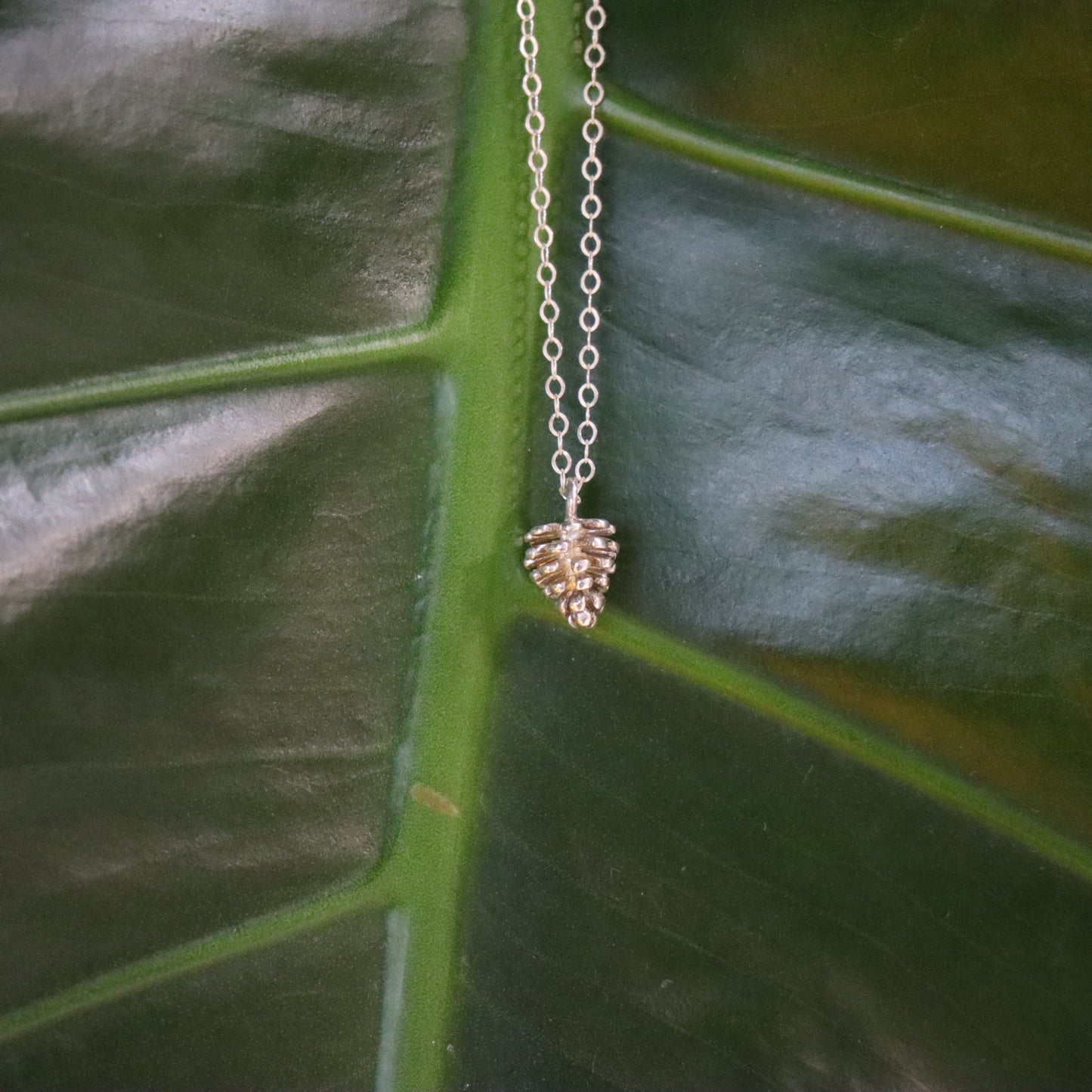 Necklace with a pine cone pendant on a large green leaf