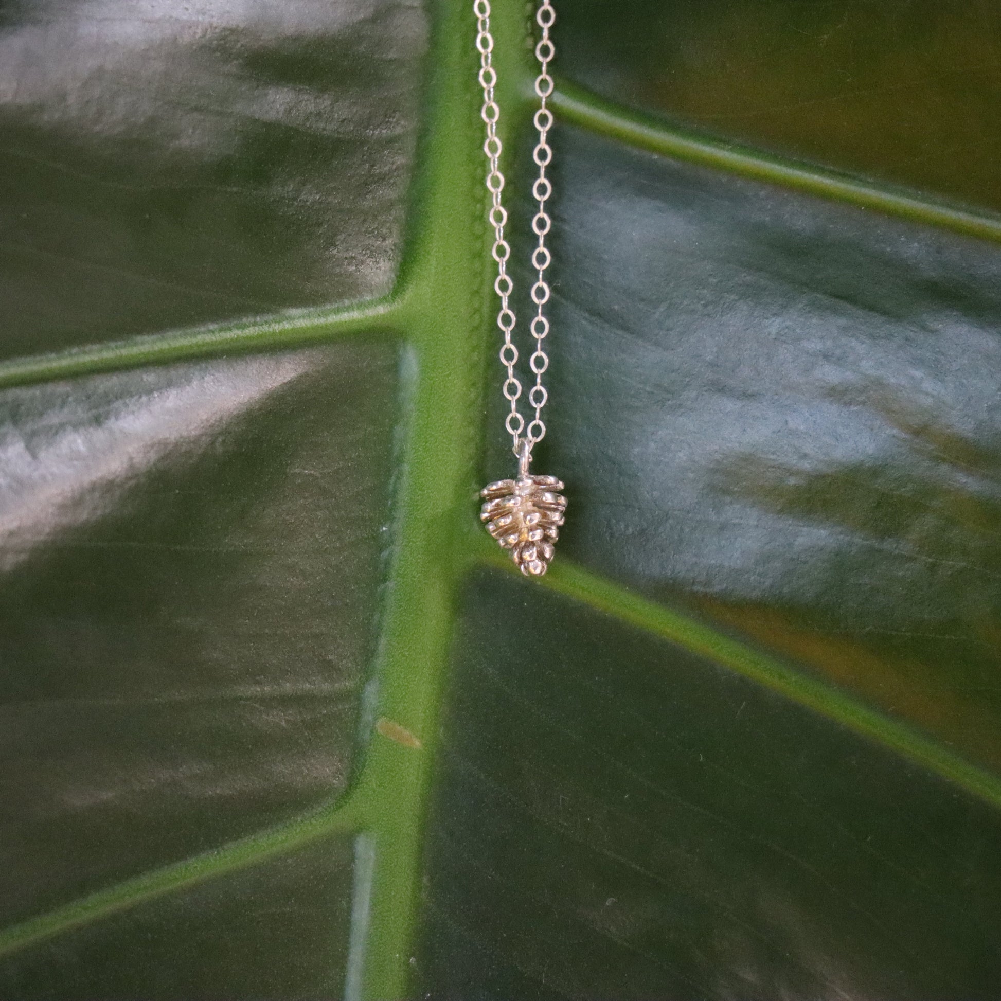 Necklace with a pine cone pendant on a large green leaf