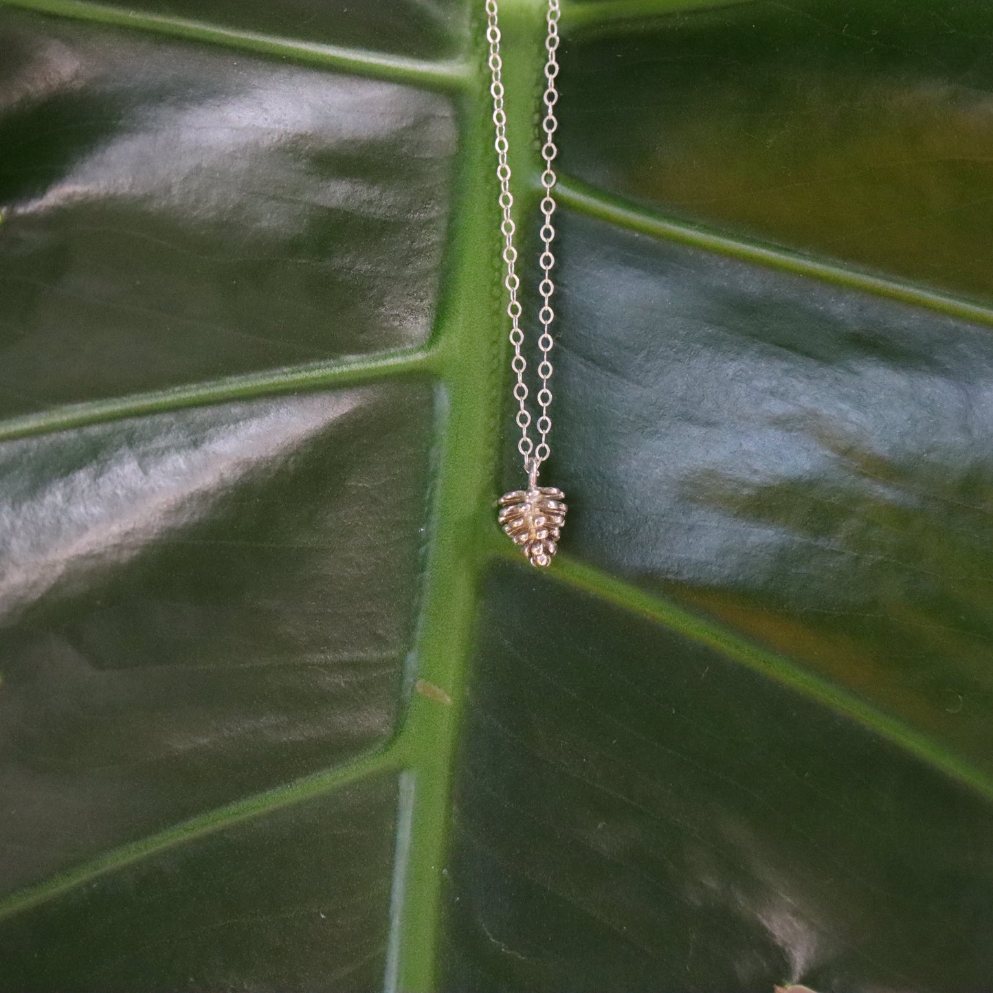 Necklace with a pinecone charm on a large green leaf