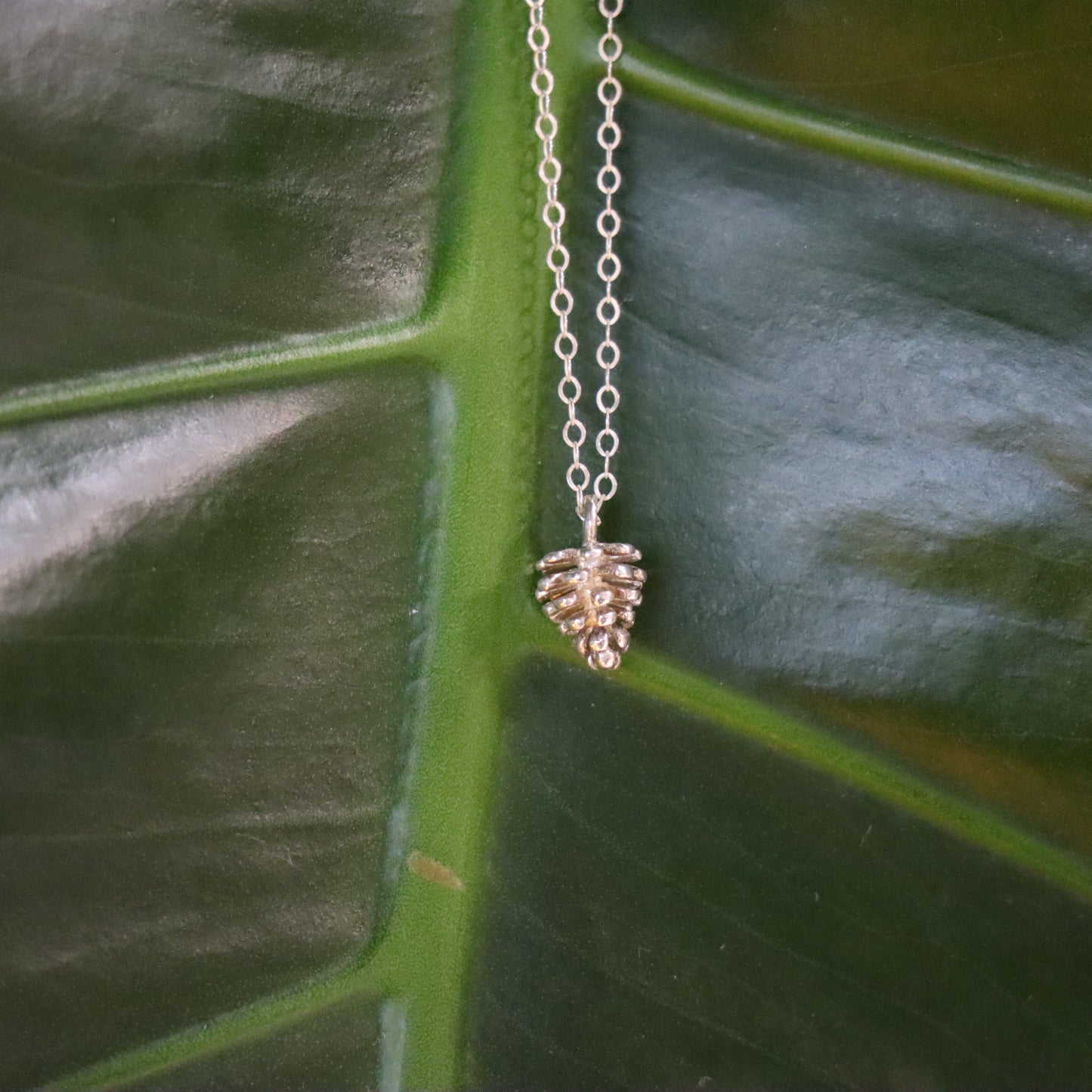 Necklace with a pine cone pendant on a green leaf