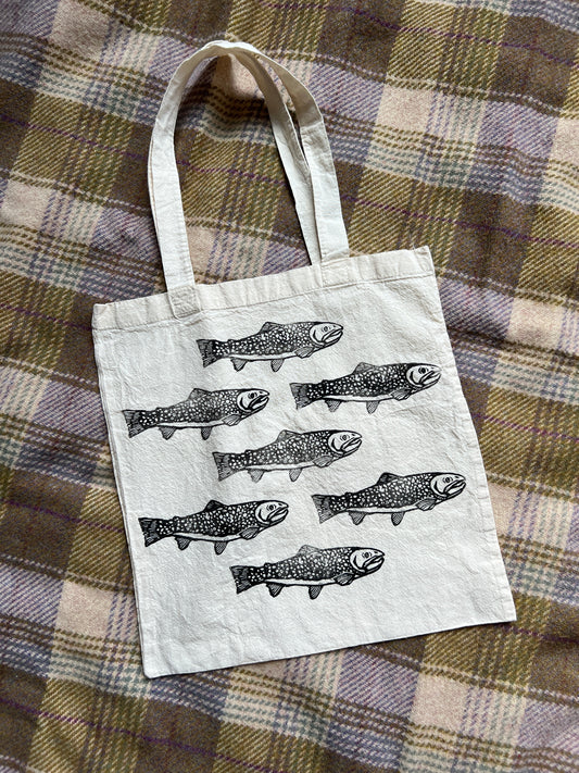 Hand-Stamped Brook Trout Pattern Tote – Lightweight Cotton Canvas- Limited Edition |#1