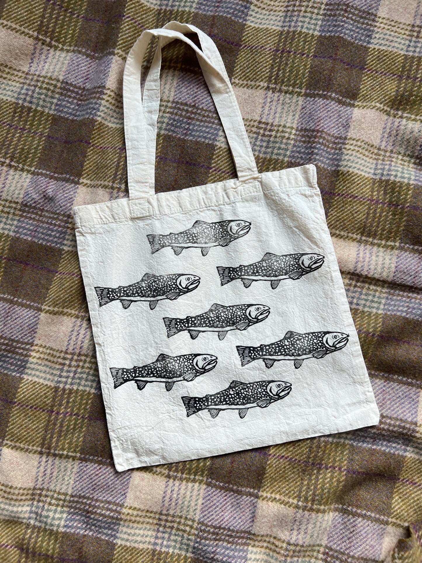 Hand-Stamped Brook Trout Pattern Tote – Lightweight Cotton Canvas- Limited Edition |#2