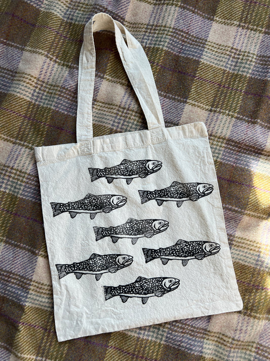 Hand-Stamped Brook Trout Pattern Tote – Lightweight Cotton Canvas- Limited Edition |#3