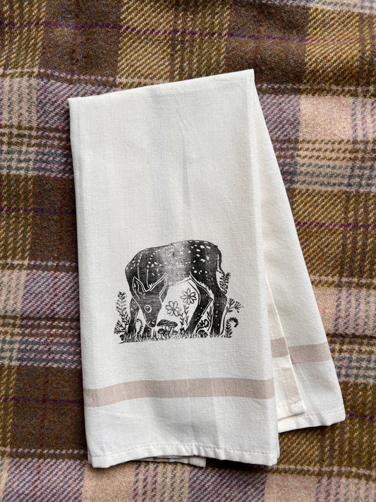 Hand-Stamped Fawn Tea Towel – Limited Edition, 100% Cotton Kitchen Towel | #3