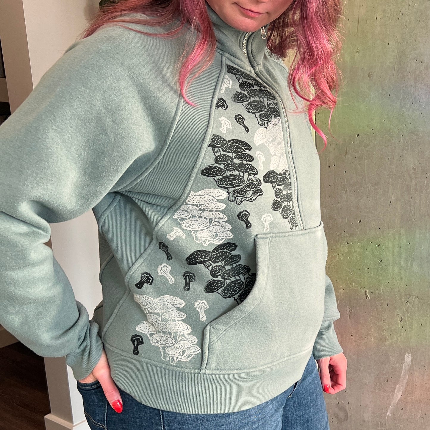 Upcycled Muted Teal Quarter Zip Sweatshirt– Hand Printed Mushrooms – Size Large – Unique Thrifted Clothing