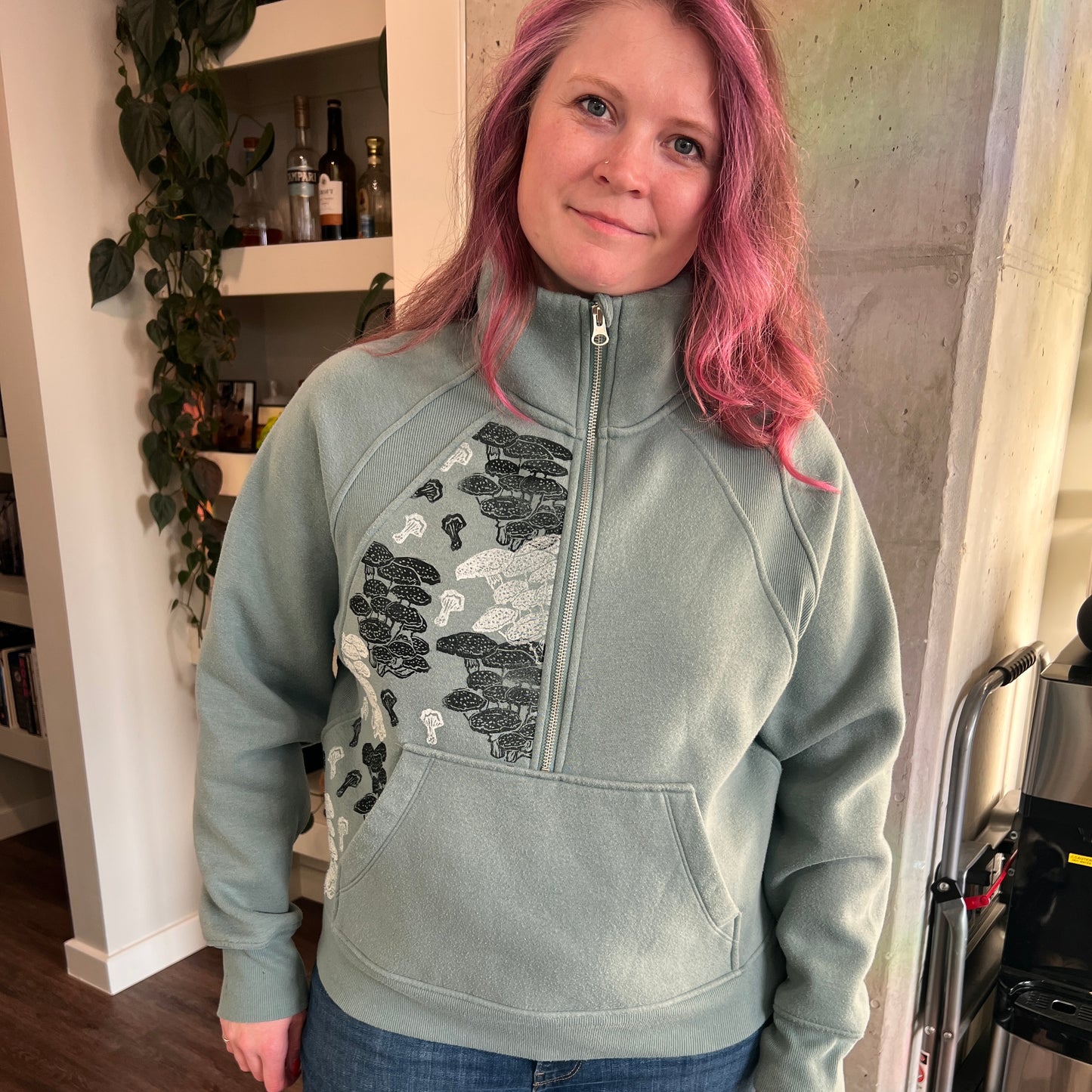 Upcycled Muted Teal Quarter Zip Sweatshirt– Hand Printed Mushrooms – Size Large – Unique Thrifted Clothing
