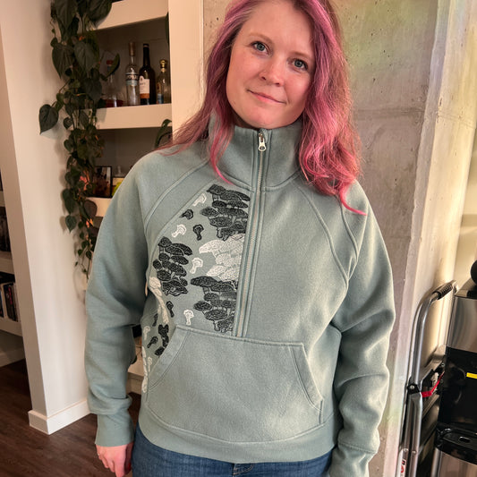 Upcycled Muted Teal Quarter Zip Sweatshirt– Hand Printed Mushrooms – Size Large – Unique Thrifted Clothing