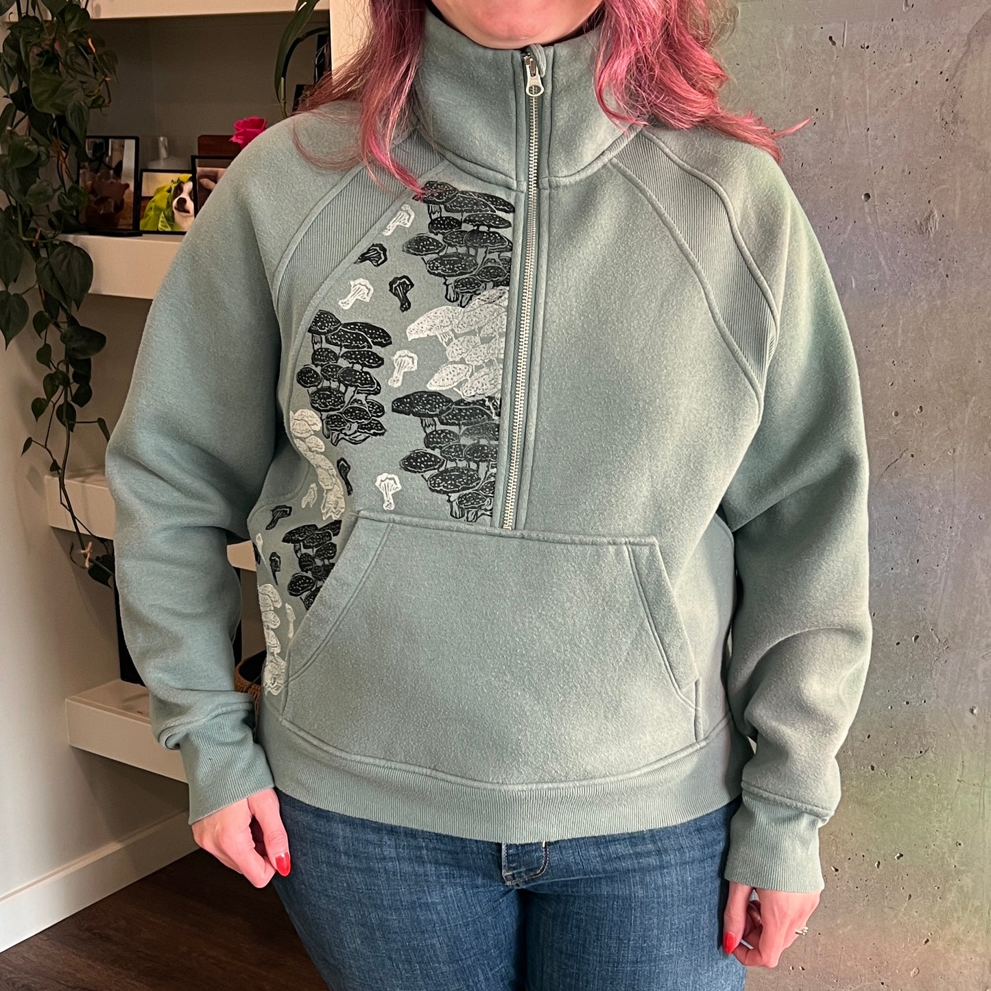 Upcycled Muted Teal Quarter Zip Sweatshirt– Hand Printed Mushrooms – Size Large – Unique Thrifted Clothing