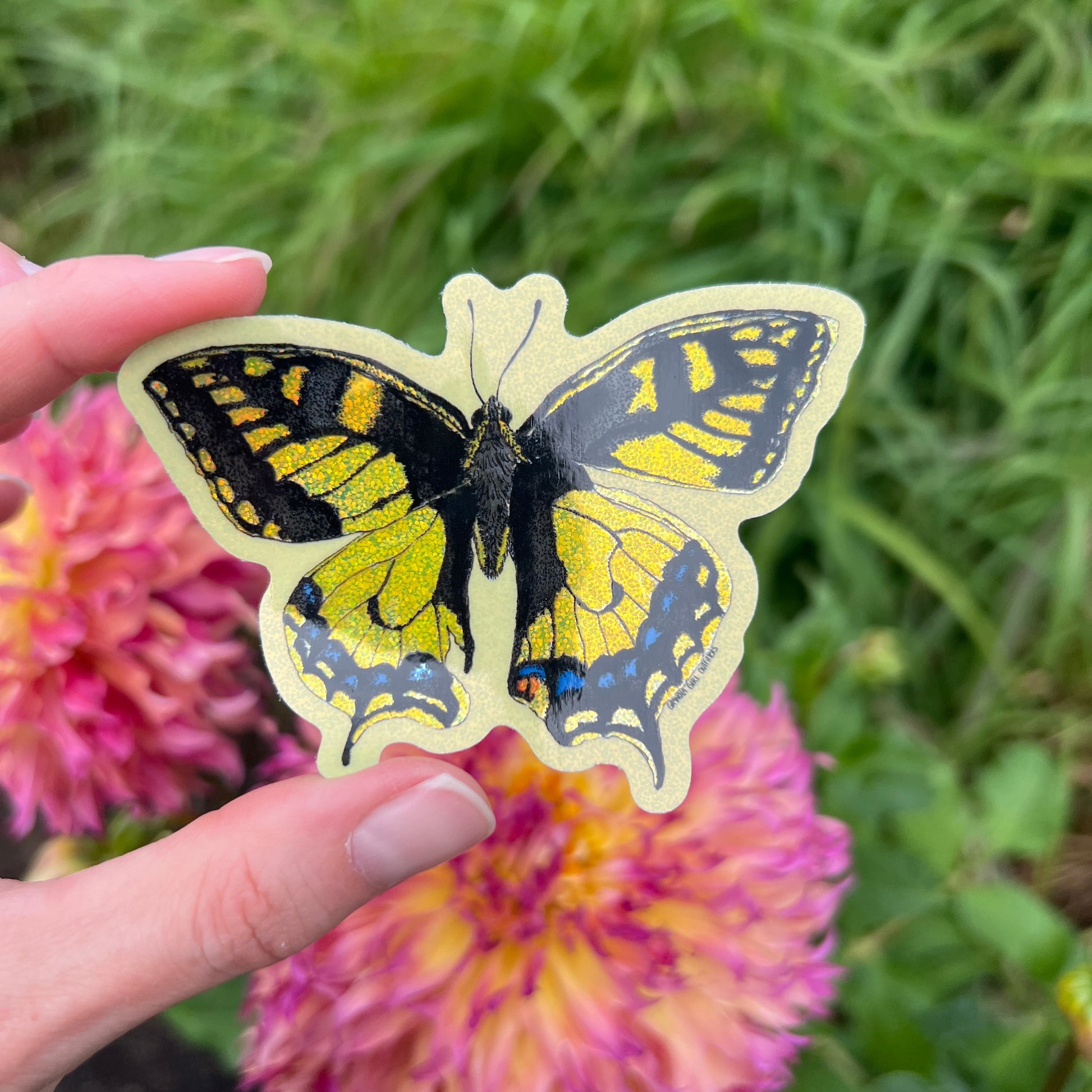 Butterfly-shaped sticker held in front of pink flowers