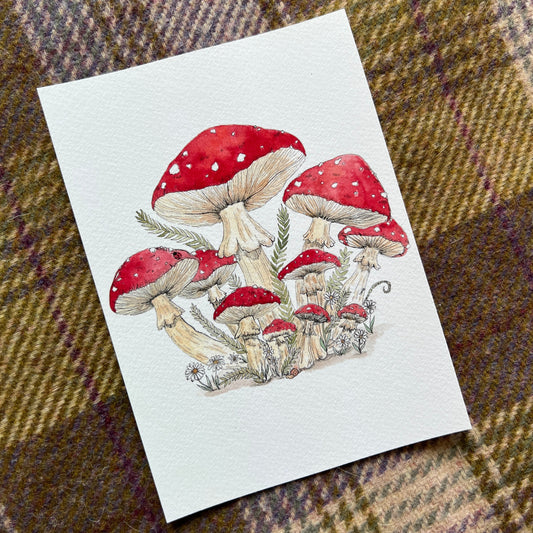 Illustration of a red mushroom cluster against a plaid fabric background